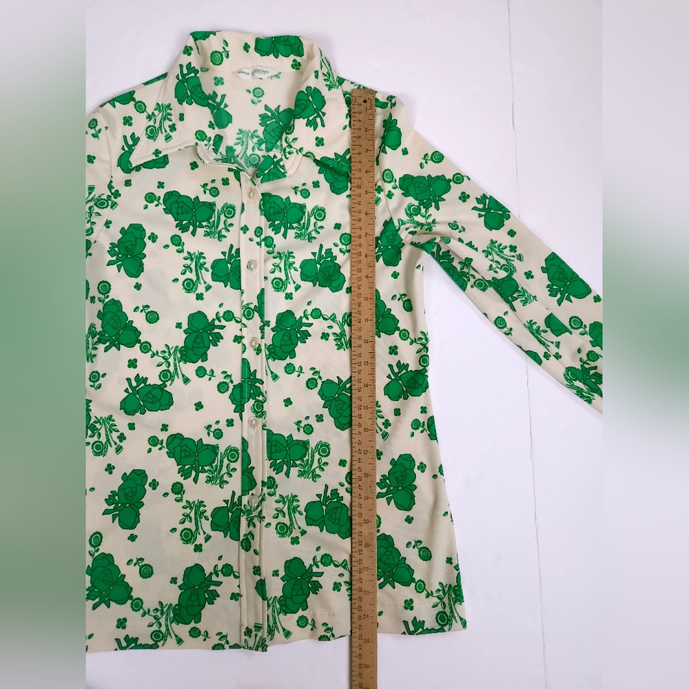 Alex Colman California Vintage 70s Point Collar Flowy Top Green Cream Small - Picture 13 of 16